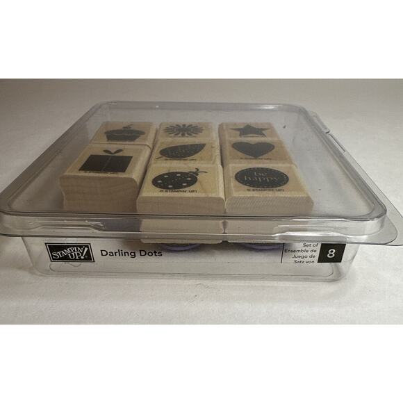 Stampin Up Darling Dots Wood Stamp Set of 8 Cupcake, Present, Heart, Ladybug, - Picture 2 of 4